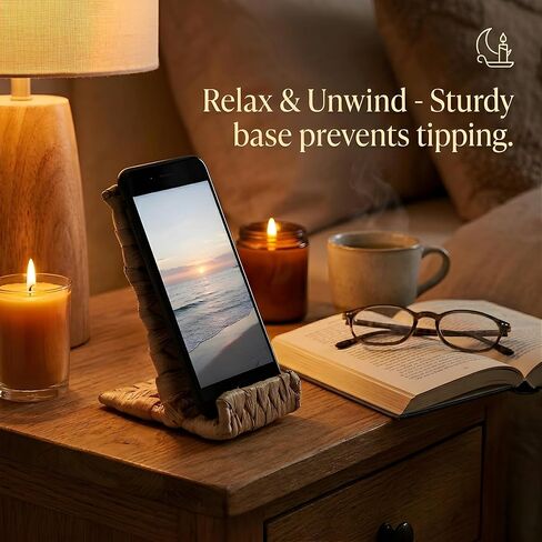 Hylara Handwoven Wicker Phone Stand for Desk - Natural Water Hyacinth Cell Phone Holder, Boho Desk Decor & Accessories, Universal Woven Stand for Home Office, Kitchen, and Nightstand in Saudi Arabia