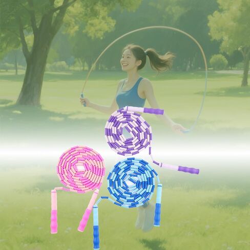 Beaded Bamboo-Segment Jump Rope - Durable PVC Skipping Rope with Anti-Slip Handle, Tangle-Free Design & Adjustable Length for Beginners in Kuwait