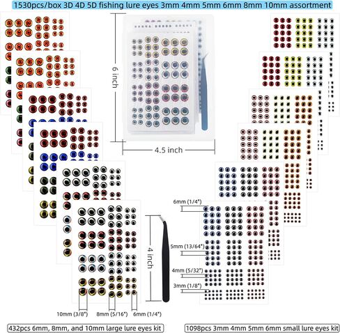 Fish Eyes for Lure Making Supplies: 1530Pcs 3D 4d 5d Fishing Lure Eyes 3mm 4mm 5mm 6mm 8mm 10mm Assortment for Fly Tying Materials in Saudi Arabia