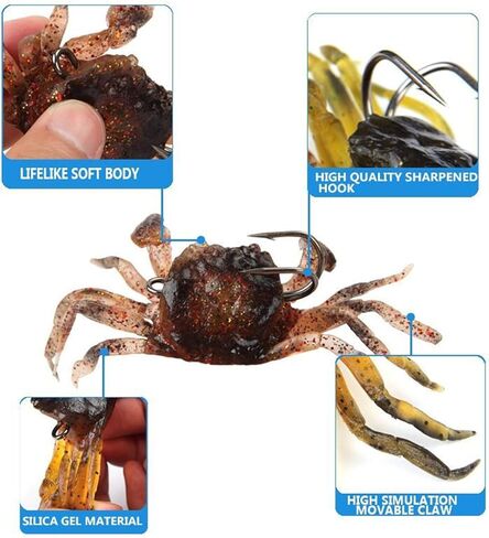 5 Pcs 3 Colors Simulation Fishing Lures Baits, 3D Simulated Crab Soft Bait Kit, Built-in Lead Blocks Sinking Slowly Fishing Bait for Freshwater, Saltwater NEW in Saudi Arabia