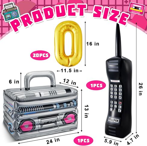 Cunhill 22 Pcs 80s 90s Party Decorations Include Inflatable Boom Box Beverage Cooler, Inflatable Mobile Phone and 20 Gold Foil Chain Balloons for Hip Hop Theme Supplies Cosplay Props in Saudi Arabia