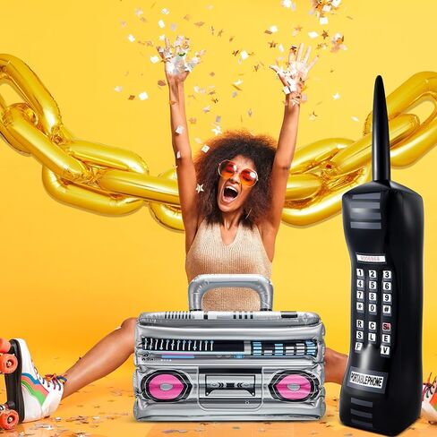 Cunhill 22 Pcs 80s 90s Party Decorations Include Inflatable Boom Box Beverage Cooler, Inflatable Mobile Phone and 20 Gold Foil Chain Balloons for Hip Hop Theme Supplies Cosplay Props in Saudi Arabia
