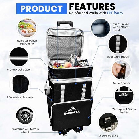 72-Can Large Collapsible Soft Cooler with Wheels, Insulated Leakproof Cooler Bag with Handle, Removable Lunch Box Top, All-Terrain Wheels, Portable Cooler for Beach, Camping, Picnic, Travel in Saudi Arabia