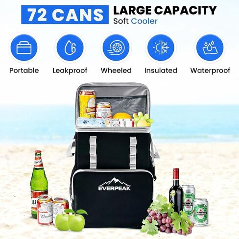72-Can Large Collapsible Soft Cooler with Wheels, Insulated Leakproof Cooler Bag with Handle, Removable Lunch Box Top, All-Terrain Wheels, Portable Cooler for Beach, Camping, Picnic, Travel in Saudi Arabia