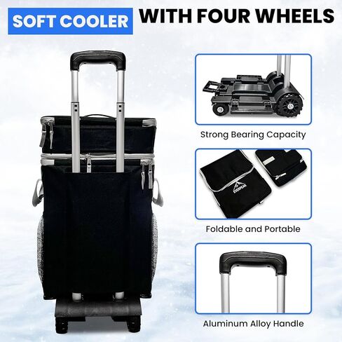 72-Can Large Collapsible Soft Cooler with Wheels, Insulated Leakproof Cooler Bag with Handle, Removable Lunch Box Top, All-Terrain Wheels, Portable Cooler for Beach, Camping, Picnic, Travel in Saudi Arabia