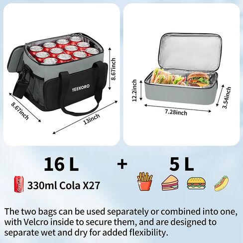 Cooler Bag, 16L+5L Insulated Lunch Box, Double Cooler Bag with Adjustable Shoulder Strap for Men & Women, Leakproof Lunch Cooler Ideal for Work Picnic Travel Shifts Daytrip (Grey) in Saudi Arabia