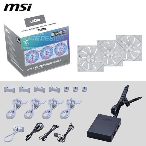 MSI MPG EZ120R ARGB WHITE-3W Fan - 120mm ARGB Fan, Patented Magnetic Connector Block, Daisy-Chain Connection, Fluid Dynamic Bearing + Extra nut Fixing, Fan hub, Reverse Fan Blade, 3 Packs in Saudi Arabia