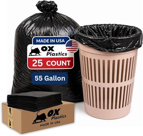 55 Gallon Trash Bags Heavy Duty – Large Black Contractor Bags 36x52" – Industrial, Yard Waste, Lawn & Leaf, Construction Garbage Can Liners – Made in USA (3 Mil, 50 Count) in Saudi Arabia