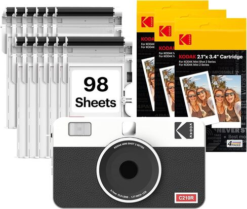 KODAK Mini Shot 2 Retro 2x3 بوصة كاميرا رقمية فورية وطابعة صور، 98 ورقة، كاميرا طباعة محمولة 2 في 1، طابعة بلوتوث للهواتف الذكية لأجهزة iPhone وAndroid، 4PASS Dye Sublimation، أبيض in Saudi Arabia