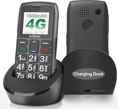 artfone C1 + 4G هاتف محمول كبير الحجم لكبار السن 丨 USB-C، قاعدة شحن 丨 بطارية 1800 مللي أمبير في الساعة 丨 هاتف أساسي سهل الاستخدام للمسنين 丨 هاتف محمول كبير مفتوح بدون بطاقة SIM 丨 زر SOS 丨 راديو FM 丨 تقارير الوقت - أسود in Kuwait