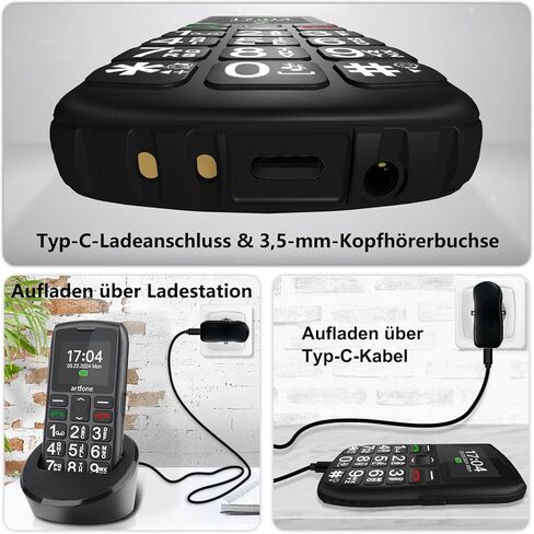 artfone C1 + 4G هاتف محمول كبير الحجم لكبار السن 丨 USB-C، قاعدة شحن 丨 بطارية 1800 مللي أمبير في الساعة 丨 هاتف أساسي سهل الاستخدام للمسنين 丨 هاتف محمول كبير مفتوح بدون بطاقة SIM 丨 زر SOS 丨 راديو FM 丨 تقارير الوقت - أسود in Kuwait