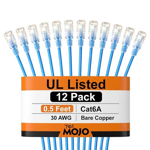 كابل إيثرنت Cat6a 0.5 قدم فائق النحافة مدرج من Tecmojo، 30AWG 100% من النحاس النقي، كابل شبكة 10 جيجابت في الثانية 550 ميجاهرتز لجهاز التوجيه والمودم وXbox والكمبيوتر المحمول والخوادم، 12 حزمة، أزرق in Kuwait