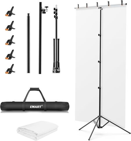 EMART 5 * 6.5ft خلفية صورة بيضاء مع مجموعة حامل للتصوير الفوتوغرافي لاستوديو الفيديو، شاشة بيضاء ستارة خلفية لالتقاط الصور مع حامل خلفية محمول على شكل حرف T، حقيبة حمل 5 مشابك in Saudi Arabia