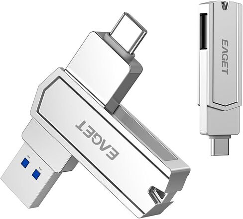محرك أقراص فلاش USB سعة 128 جيجابايت 2 في 1 من EAGET، تصميم دوار USB 3.2 Gen 1 USB-C وUSB-A، شريحة ذاكرة عالية السرعة 150 ميجابايت/ثانية لأجهزة iPhone 15/16/17 وAndroid وMac والكمبيوتر المحمول والكمبيوتر اللوحي والكمبيوتر الشخصي - جسم معدني (CF22) in Kuwait