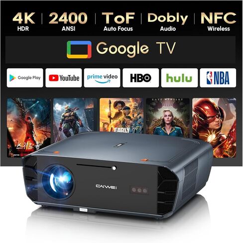 جهاز عرض ذكي نهاري 2400 ANSI، مرخص من Netflix/70 وات DoIby/غطاء عدسة تلقائي، جهاز عرض 4K مع WiFi6 وBluetooth5.4، HDMI eARC CEC، جهاز عرض فيلم ToF التركيز التلقائي للسقف، غرفة مشرقة للألعاب في الهواء الطلق in Kuwait