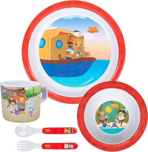 Daniel Tiger 5 Pc Mealtime Feeding Set for Kids and Toddlers - Includes Plate, Bowl, Cup, Fork and Spoon Utensil Flatware - Durable, Dishwasher Safe, BPA Free (Green) in Kuwait
