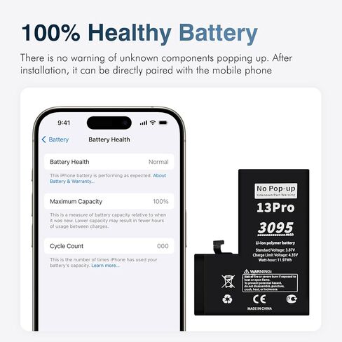 لا يوجد تحذير منبثق غير معروف لبطارية iPhone 13 Pro التشخيصية، سعة 3095 مللي أمبير في الساعة، 0 دورة استبدال بطارية ليثيوم بوليمر قابلة لإعادة الشحن لهاتف iPhone 13 Pro مع مجموعة أدوات كاملة in Saudi Arabia