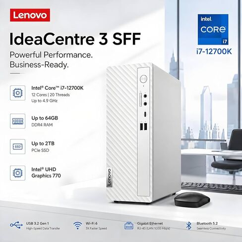 كمبيوتر مكتبي Lenovo IdeaCentre Business، Intel i7-12700K (12 نواة، 20 خيط)، ذاكرة الوصول العشوائي DDR5 سعة 64 جيجابايت، 2 تيرابايت PCIe SSD+1 تيرابايت HDD، قارئ بطاقة SD، تصميم فائق الهدوء، دعم الشاشة المزدوجة، USB-C، إيثرنت، Windows 11 in Kuwait