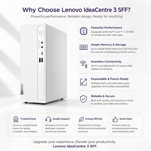 كمبيوتر مكتبي Lenovo IdeaCentre Business، Intel i7-12700K (12 نواة، 20 خيط)، ذاكرة الوصول العشوائي DDR5 سعة 64 جيجابايت، 2 تيرابايت PCIe SSD+1 تيرابايت HDD، قارئ بطاقة SD، تصميم فائق الهدوء، دعم الشاشة المزدوجة، USB-C، إيثرنت، Windows 11 in Kuwait