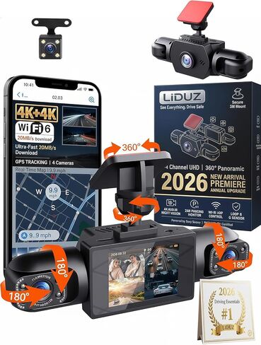 2026 نظام كاميرا سيارة لاسلكي كامل الرؤية، 4K 4 قنوات 360 درجة كاميرا داش بانورامية واي فاي 6 مسجل قيادة، رؤية ليلية بالأشعة تحت الحمراء، شاشة وقوف السيارات 24/7، مستشعر G، كشف الحركة (64 جم) in Kuwait