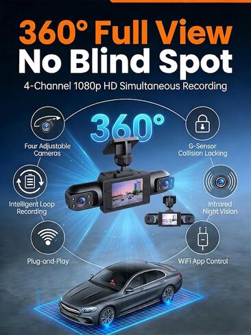 2026 نظام كاميرا سيارة لاسلكي كامل الرؤية، 4K 4 قنوات 360 درجة كاميرا داش بانورامية واي فاي 6 مسجل قيادة، رؤية ليلية بالأشعة تحت الحمراء، شاشة وقوف السيارات 24/7، مستشعر G، كشف الحركة (64 جم) in Kuwait