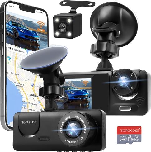 كاميرا سيارة 3 قنوات واي فاي FHD 1080P، كاميرا أمامية TOPGOOSE للسيارات مع بطاقة 64 جيجابايت، كاميرات صغيرة للسيارات ذات رؤية ليلية، وضع ركن السيارة لمدة 24 ساعة، WDR، تسجيل حلقة، مستشعر G، تطبيق in Kuwait