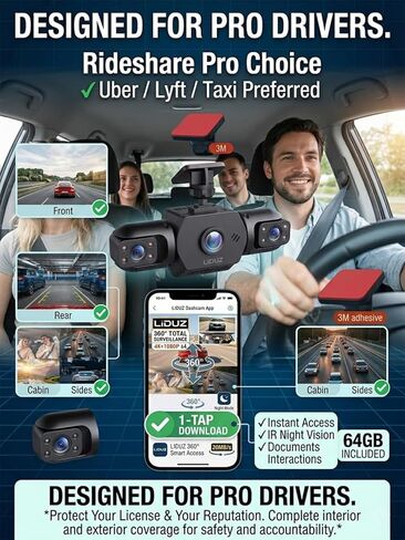 2026 نظام كاميرا سيارة لاسلكي كامل الرؤية، 4K 4 قنوات 360 درجة كاميرا داش بانورامية واي فاي 6 مسجل قيادة، رؤية ليلية بالأشعة تحت الحمراء، شاشة وقوف السيارات 24/7، مستشعر G، كشف الحركة (64 جم) in Kuwait