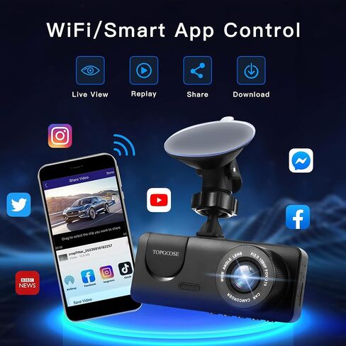 كاميرا سيارة 3 قنوات واي فاي FHD 1080P، كاميرا أمامية TOPGOOSE للسيارات مع بطاقة 64 جيجابايت، كاميرات صغيرة للسيارات ذات رؤية ليلية، وضع ركن السيارة لمدة 24 ساعة، WDR، تسجيل حلقة، مستشعر G، تطبيق in Kuwait