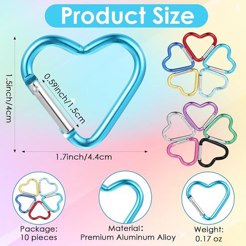 10Pcs Heart Carabiner, Cute Heart Shaped Carabiner Keychain Clip Water Bottle Hook for Backpack, Dog Leash, Perfect for Women Girls Backpack, Multicolour in Saudi Arabia