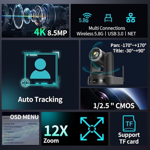 كاميرا PTZ لاسلكية 4K تتبع تلقائي بالذكاء الاصطناعي، لاسلكي/USB3.0/LAN، كاميرا مؤتمرات فيديو تكبير 12X، تحسين الإضاءة المنخفضة، بث مباشر IP للكنيسة والتعليم والمؤتمرات، OBS vMIX، إعداد سهل in Kuwait