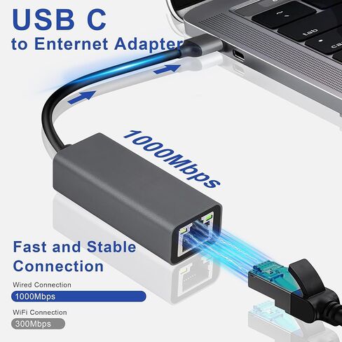 محول USB C إلى إيثرنت، محمول بسرعة 1 جيجابت في الثانية USB C إلى RJ45، التوصيل والتشغيل، محول إيثرنت متوافق مع MacBook Pro/Air، iPad Pro، iPhone 17 Pro/Max، Galaxy S23/S9، XPS، Chromebook in Kuwait
