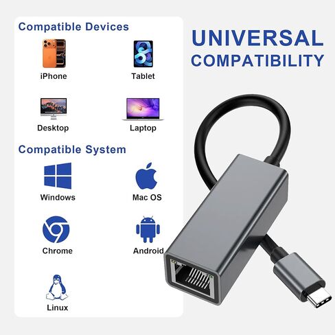محول USB C إلى إيثرنت، محمول بسرعة 1 جيجابت في الثانية USB C إلى RJ45، التوصيل والتشغيل، محول إيثرنت متوافق مع MacBook Pro/Air، iPad Pro، iPhone 17 Pro/Max، Galaxy S23/S9، XPS، Chromebook in Kuwait