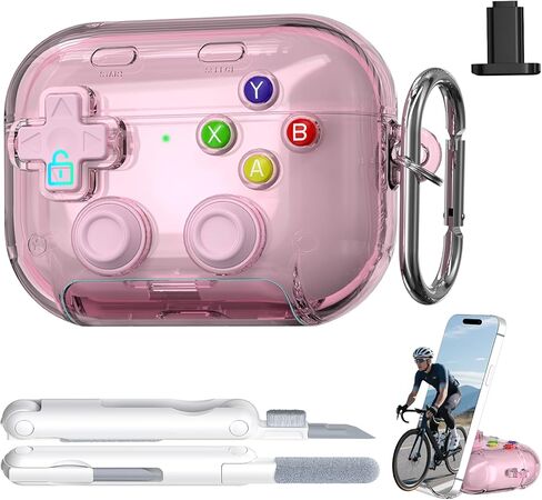 RFUNGUANGO for AirPods Pro 3 Case with Lock & Cleaning Kit, 2025 Transparent Cool Gaming Hard Case, Built-in Phone Stand, Shockproof Protective Cover for AirPods Pro 3 （Black） in Kuwait