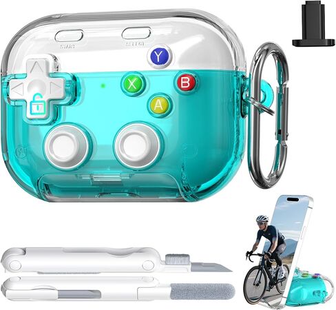 RFUNGUANGO for AirPods Pro 3 Case with Lock & Cleaning Kit, 2025 Transparent Cool Gaming Hard Case, Built-in Phone Stand, Shockproof Protective Cover for AirPods Pro 3 （Black） in Kuwait