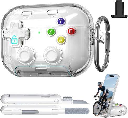 RFUNGUANGO for AirPods Pro 3 Case with Lock & Cleaning Kit, 2025 Transparent Cool Gaming Hard Case, Built-in Phone Stand, Shockproof Protective Cover for AirPods Pro 3 （Black） in Kuwait