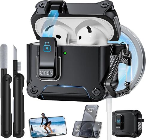قفل أمان مزدوج لحافظة AirPods 4 2024، متوافق مع MagSafe - مصمم بمفتاح تلقائي وحامل هاتف، يتضمن منظف وسلسلة مفاتيح - هيكل صلب متين لهاتف Apple AirPods 4، أسود in Kuwait