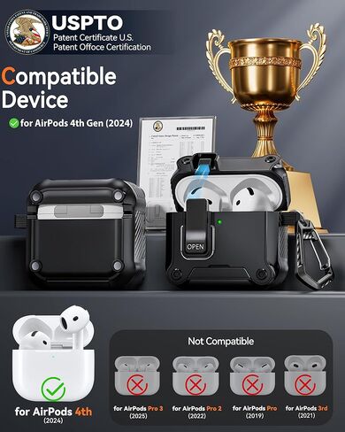 قفل أمان مزدوج لحافظة AirPods 4 2024، متوافق مع MagSafe - مصمم بمفتاح تلقائي وحامل هاتف، يتضمن منظف وسلسلة مفاتيح - هيكل صلب متين لهاتف Apple AirPods 4، أسود in Kuwait
