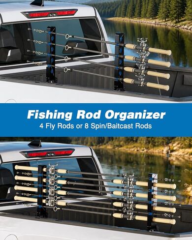 Fishing Pole Rack for Truck Bed Fishing Rod Holder Truck Fishing Pole Holder Holds up to 8 Rods or 4 Fly Rods Storage Organizer for Ford F150 Dodge Ram Tundra in Saudi Arabia