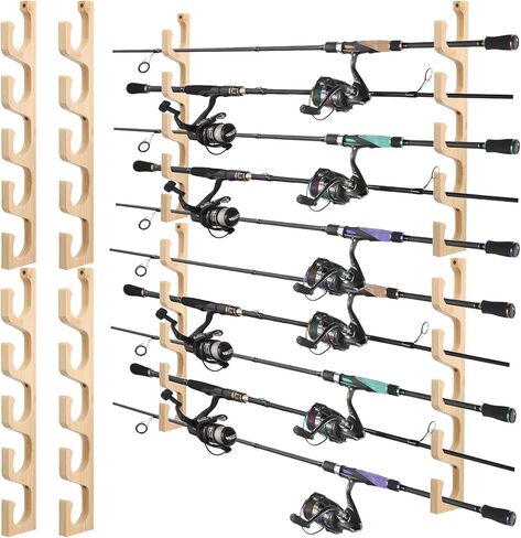 Solid Bamboo Fishing Rod Holders Wall Mounted Rack, 4-Piece Set with 5-Tier Storage for Garage Organization, Holds Multiple Rods Combos and Fishing Gear, Natural Wood Color in Saudi Arabia