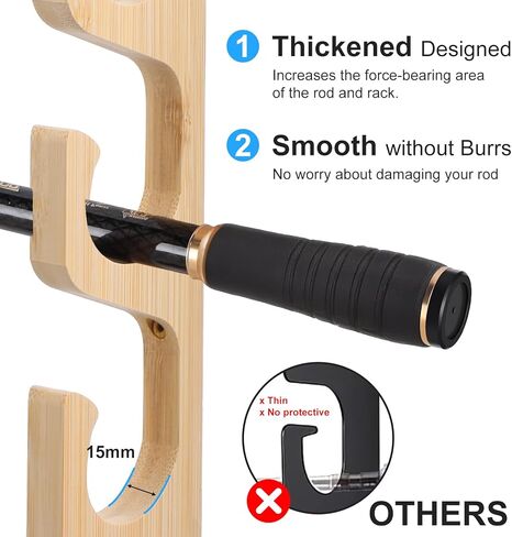 Solid Bamboo Fishing Rod Holders Wall Mounted Rack, 4-Piece Set with 5-Tier Storage for Garage Organization, Holds Multiple Rods Combos and Fishing Gear, Natural Wood Color in Saudi Arabia
