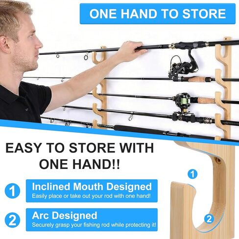 Solid Bamboo Fishing Rod Holders Wall Mounted Rack, 4-Piece Set with 5-Tier Storage for Garage Organization, Holds Multiple Rods Combos and Fishing Gear, Natural Wood Color in Saudi Arabia