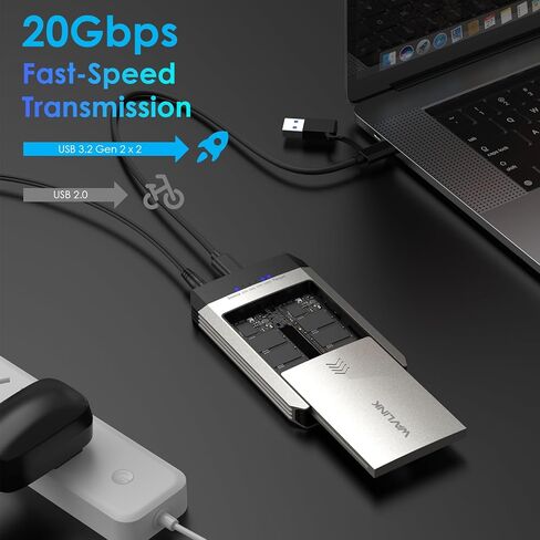 حاوية WAVLINK 20 جيجابت في الثانية Dual-Bay M.2 NVMe SSD واستنساخ غير متصل بالإنترنت، USB 3.2 Gen2x2 USB-C، يدعم 2X 4 تيرابايت (إجمالي 8 تيرابايت)، استنساخ بنقرة واحدة بدون جهاز كمبيوتر، M-Key 2230/2242/2260/2280، لأجهزة Mac وWindows ST348 in Kuwait