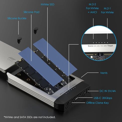 حاوية WAVLINK 20 جيجابت في الثانية Dual-Bay M.2 NVMe SSD واستنساخ غير متصل بالإنترنت، USB 3.2 Gen2x2 USB-C، يدعم 2X 4 تيرابايت (إجمالي 8 تيرابايت)، استنساخ بنقرة واحدة بدون جهاز كمبيوتر، M-Key 2230/2242/2260/2280، لأجهزة Mac وWindows ST348 in Kuwait