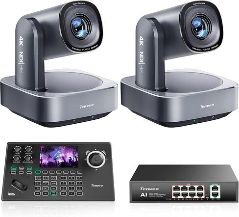مجموعة/مجموعة كاميرا Tenveo 4K NDI PTZ - عبوتان 20X بصرية + 8X رقمية لكاميرات التتبع AI (LAN/HDMI/USB3.0)، وحدة تحكم عصا التحكم NDI بشاشة 5 بوصات، ومحول شبكة Gigabit PoE بـ 8 منافذ in Kuwait
