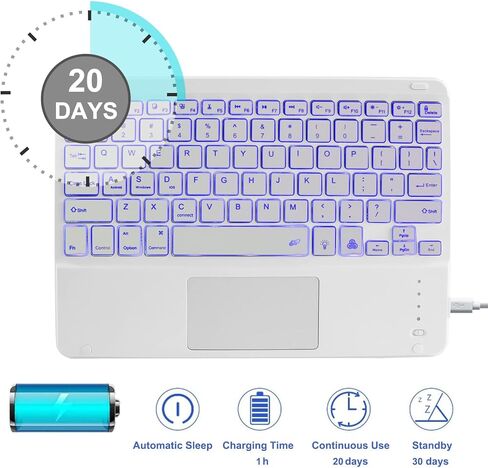 Wireless Bluetooth Keyboard with Touchpad, Ultra-Thin Rechargeable Portable with 7 Colors Backlit Wireless Keyboard for iPad/iOS/Android/Windows Tablet, Computer and Phone Universal Devices(White) in Saudi Arabia
