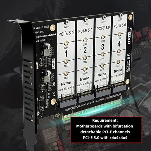 محول تشينيانغ 4 منافذ M.2 NVME إلى PCle 5.0/4.0/3.0 X16، NVME/AHCI SSD إلى بطاقة توسيع PCIe تدعم 2230/2242/2260/2280 مم in Saudi Arabia