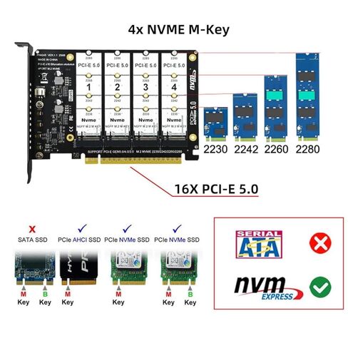 محول تشينيانغ 4 منافذ M.2 NVME إلى PCle 5.0/4.0/3.0 X16، NVME/AHCI SSD إلى بطاقة توسيع PCIe تدعم 2230/2242/2260/2280 مم in Saudi Arabia