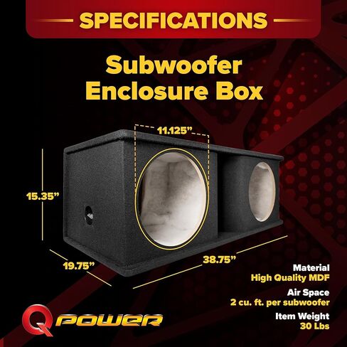 حاوية صندوق مضخم صوت QPower مزدوج 12 بوصة، صندوق مكبر صوت سيارة MDF مقاس 5/8 بوصة، 2.0 قدم مكعب لكل تصميم بفتحات تهوية فرعية، لمسة نهائية من السجاد الأسود in Saudi Arabia