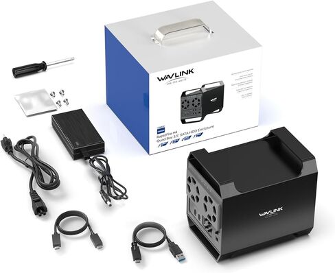 حاوية محرك الأقراص الصلبة WAVLINK ذات 4 فتحات لمحرك الأقراص الصلبة SATA HDD/SSD مقاس 3.5 بوصة و2.5 بوصة تتميز بمنفذ USB-C 3.2 بسرعة 10 جيجابت في الثانية، وسعة تصل إلى 128 تيرابايت بحد أقصى، ومراوح تبريد مدمجة يمكن التحكم في درجة حرارتها، ومخرج فيديو مذهل  in Kuwait