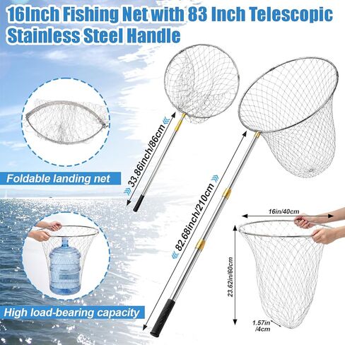 Heavy Duty Fishing Net with 83 Inch Telescopic Stainless Steel Handle 16 Inch Diameter Landing Net Foldable Lightweight for Bass Trout Catfish Salmon Steelhead Saltwater Boat Pier Fishing in Kuwait